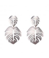 Oil-spot Glazed Hollow Leaves High Fashion Women Earrings - Silver