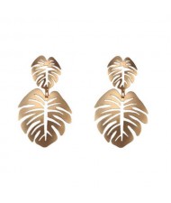 Oil-spot Glazed Hollow Leaves High Fashion Women Earrings - Golden