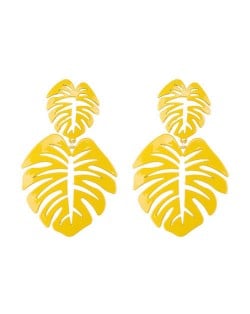 Oil-spot Glazed Hollow Leaves High Fashion Women Earrings - Yellow