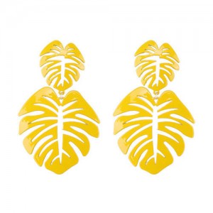 Oil-spot Glazed Hollow Leaves High Fashion Women Earrings - Yellow