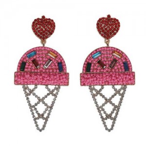 Mini Beads and Rhinestone Ice Cream Fashion Earrings - Pink
