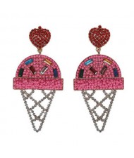 Mini Beads and Rhinestone Ice Cream Fashion Earrings - Pink