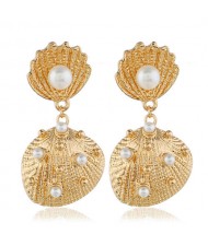 Artificial Pearl Embellished Seashell Design Women Fashion Earrings - Golden