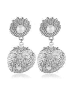 Artificial Pearl Embellished Seashell Design Women Fashion Earrings - Silver