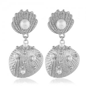 Artificial Pearl Embellished Seashell Design Women Fashion Earrings - Silver