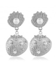 Artificial Pearl Embellished Seashell Design Women Fashion Earrings - Silver