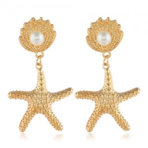 Seashell and Starfish Combo High Fashion Costume Earrings - Golden