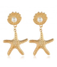 Seashell and Starfish Combo High Fashion Costume Earrings - Golden