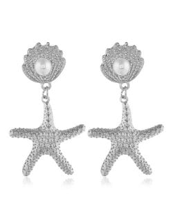 Seashell and Starfish Combo High Fashion Costume Earrings - Silver