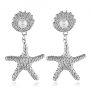 Seashell and Starfish Combo High Fashion Costume Earrings - Silver