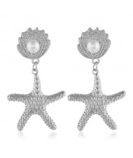 Seashell and Starfish Combo High Fashion Costume Earrings - Silver