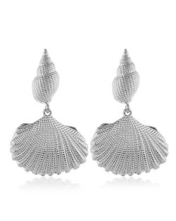 Conch and Seashell Combo Design High Fashion Women Statement Earrings - Silver