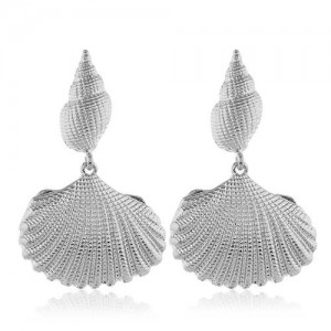 Conch and Seashell Combo Design High Fashion Women Statement Earrings - Silver