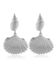 Conch and Seashell Combo Design High Fashion Women Statement Earrings - Silver