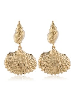 Conch and Seashell Combo Design High Fashion Women Statement Earrings - Golden