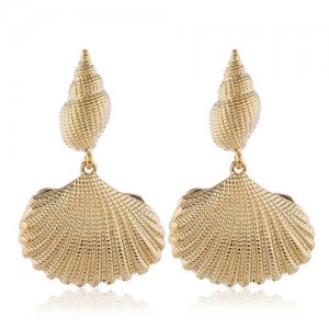 Conch and Seashell Combo Design High Fashion Women Statement Earrings - Golden