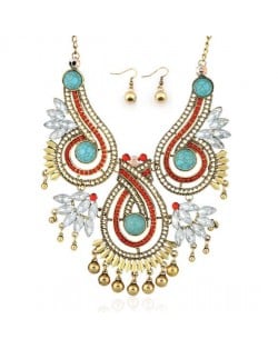 Beads and Rhinestone Embellished Bohemian Fashion Bold Necklace and Earrings Set