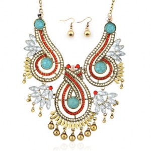 Beads and Rhinestone Embellished Bohemian Fashion Bold Necklace and Earrings Set