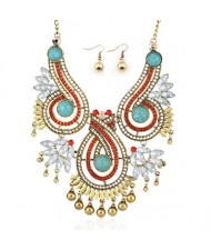 Beads and Rhinestone Embellished Bohemian Fashion Bold Necklace and Earrings Set