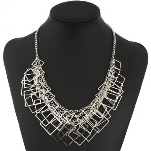 Squares Pendant Chain Fashion Women Statement Alloy Necklace - Silver