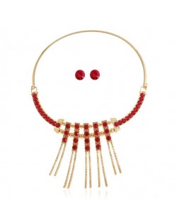 Rhinestone Embellished Tassel High Fashion Women Costume Necklace and Earrings Set - Red
