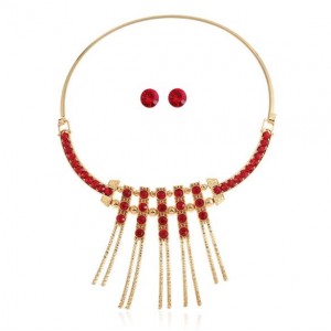 Rhinestone Embellished Tassel High Fashion Women Costume Necklace and Earrings Set - Red