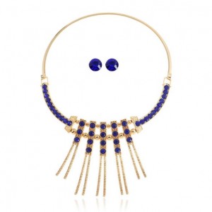 Rhinestone Embellished Tassel High Fashion Women Costume Necklace and Earrings Set - Blue