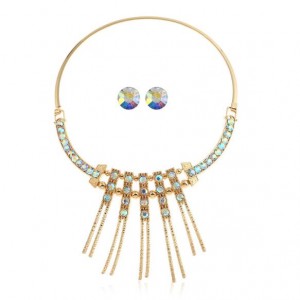 Rhinestone Embellished Tassel High Fashion Women Costume Necklace and Earrings Set - Luminous White