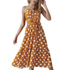 Polka Dot Shoulder-straps High Fashion Women Dress - Yellow