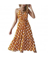 Polka Dot Shoulder-straps High Fashion Women Dress - Yellow