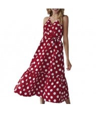 Polka Dot Shoulder-straps High Fashion Women Dress - Red
