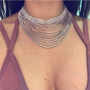 Rhinestone Multi-layer High Fashion Choker Necklace - Silver