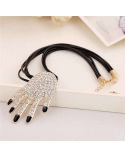 Rhinestone Embellished Hand Pendant Rope Fashion Necklace - Black