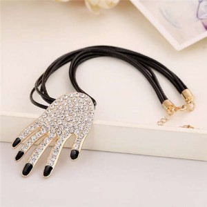 Rhinestone Embellished Hand Pendant Rope Fashion Necklace - Black
