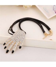 Rhinestone Embellished Hand Pendant Rope Fashion Necklace - Black