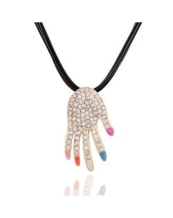 Rhinestone Embellished Hand Pendant Rope Fashion Necklace - Multicolor