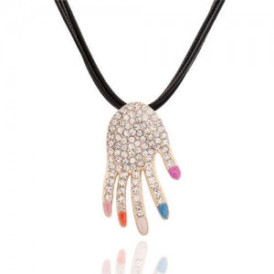 Rhinestone Embellished Hand Pendant Rope Fashion Necklace - Multicolor