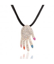 Rhinestone Embellished Hand Pendant Rope Fashion Necklace - Multicolor