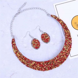 Rhinestone Embellished Arch Design Shining Fashion Costume Necklace and Earrings Set - Red