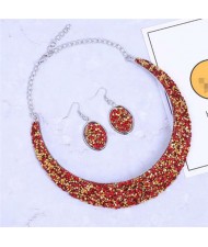 Rhinestone Embellished Arch Design Shining Fashion Costume Necklace and Earrings Set - Red