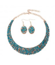 Rhinestone Embellished Arch Design Shining Fashion Costume Necklace and Earrings Set - Teal