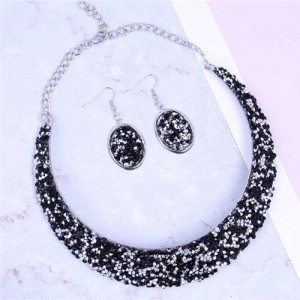Rhinestone Embellished Arch Design Shining Fashion Costume Necklace and Earrings Set - Black