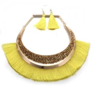 Cotton Threads Tassel Arch Fashion Women Costume Necklace and Earrings Set - Yellow