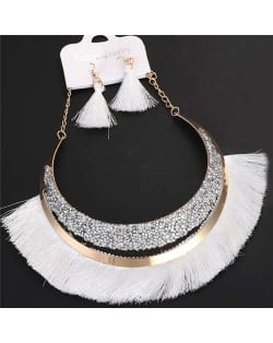 Cotton Threads Tassel Arch Fashion Women Costume Necklace and Earrings Set - White