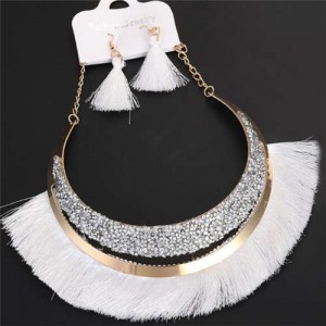 Cotton Threads Tassel Arch Fashion Women Costume Necklace and Earrings Set - White