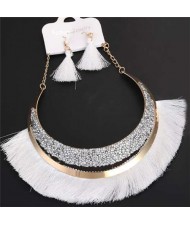 Cotton Threads Tassel Arch Fashion Women Costume Necklace and Earrings Set - White