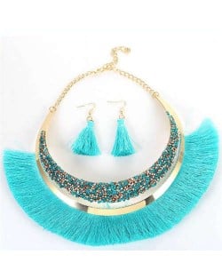 Cotton Threads Tassel Arch Fashion Women Costume Necklace and Earrings Set - Sky Blue
