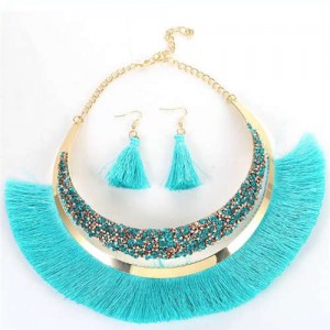 Cotton Threads Tassel Arch Fashion Women Costume Necklace and Earrings Set - Sky Blue