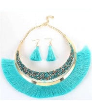 Cotton Threads Tassel Arch Fashion Women Costume Necklace and Earrings Set - Sky Blue