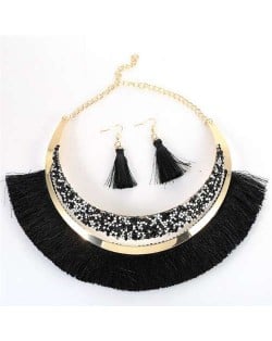 Cotton Threads Tassel Arch Fashion Women Costume Necklace and Earrings Set - Black